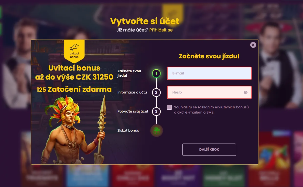 Registrace nového účtu v Bizzo Casino